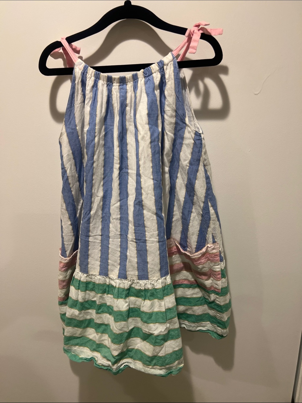 Striped Tie-Shoulder Cotton dress in Blue, Green & Pink, Mini Boden 5-6
